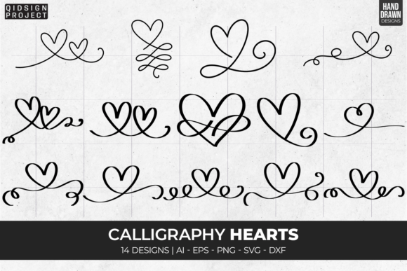 Download 14 Calligraphy Hearts, Hand Drawn Heart - Hand drawn Collection